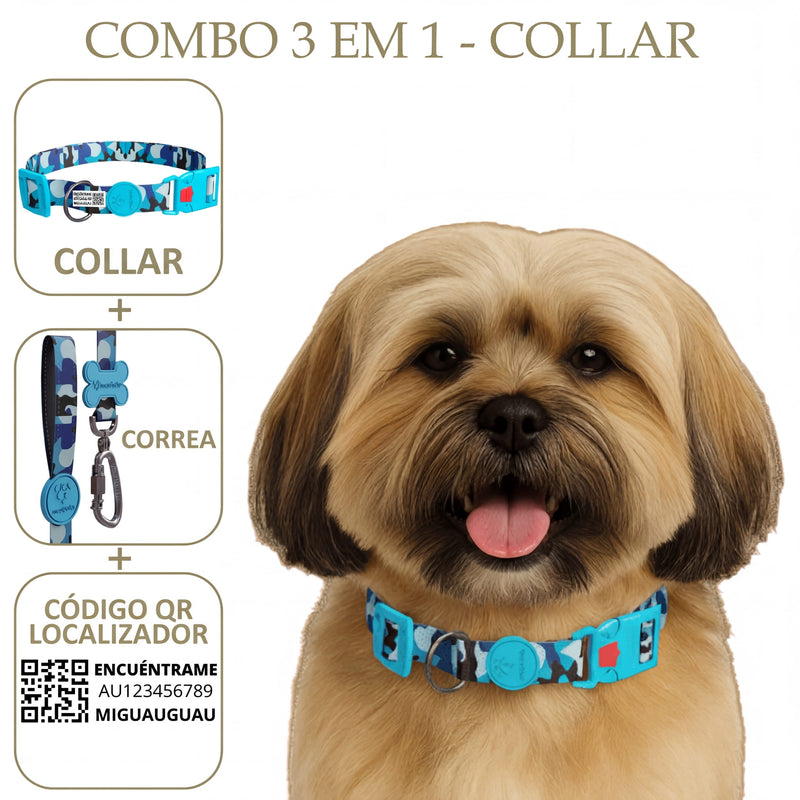 COMBO 3 EN 1: COLLAR + CORREA + LOCALIZADOR CON CÓDIGO QR