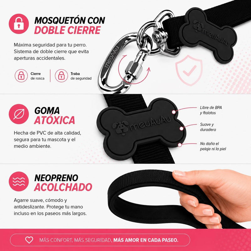 Correa Perro meuAuAu con QR – Mosquetón de Rosca y Asa Acolchada (1,20 m)