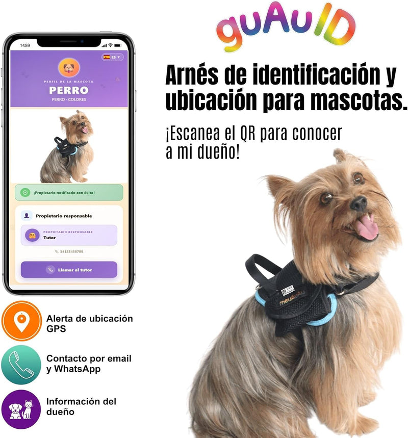 Arnés Safe meuAuAu con Localizador QR – Acolchado, Asa de Control y Portabolsas