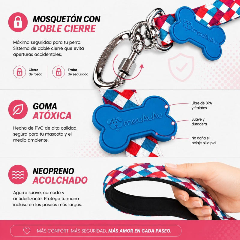 Correa Perro meuAuAu con QR – Mosquetón de Rosca y Asa Acolchada (1,20 m)