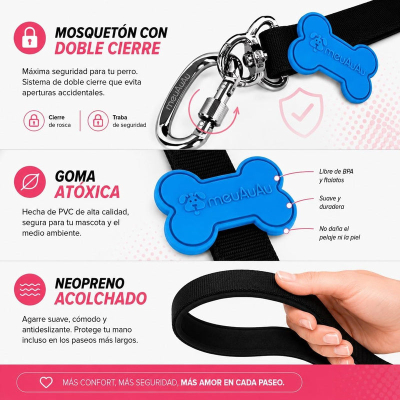 Correa Perro meuAuAu con QR – Mosquetón de Rosca y Asa Acolchada (1,20 m)