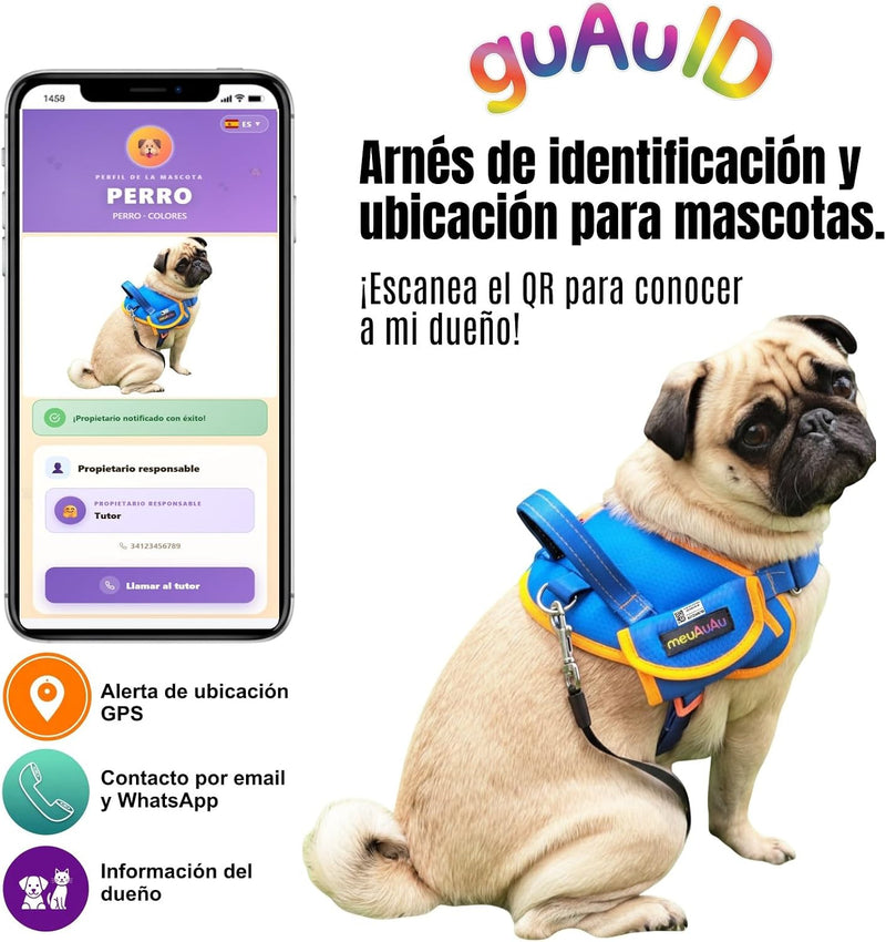 Arnés Safe meuAuAu con Localizador QR – Acolchado, Asa de Control y Portabolsas