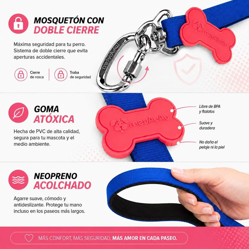 Correa Perro meuAuAu con QR – Mosquetón de Rosca y Asa Acolchada (1,20 m)
