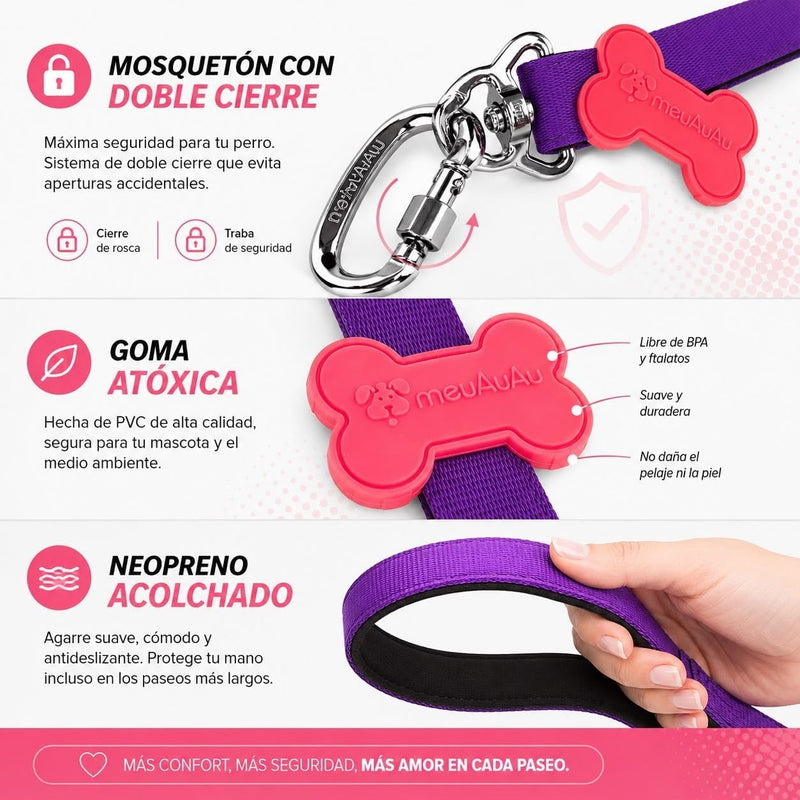 Correa Perro meuAuAu con QR – Mosquetón de Rosca y Asa Acolchada (1,20 m)