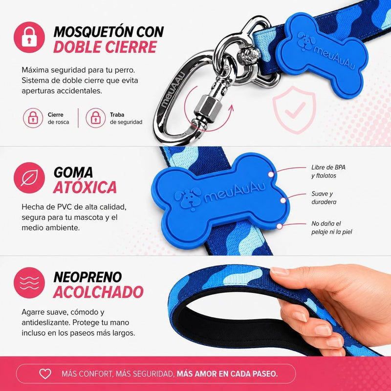 Correa Perro meuAuAu con QR – Mosquetón de Rosca y Asa Acolchada (1,20 m)