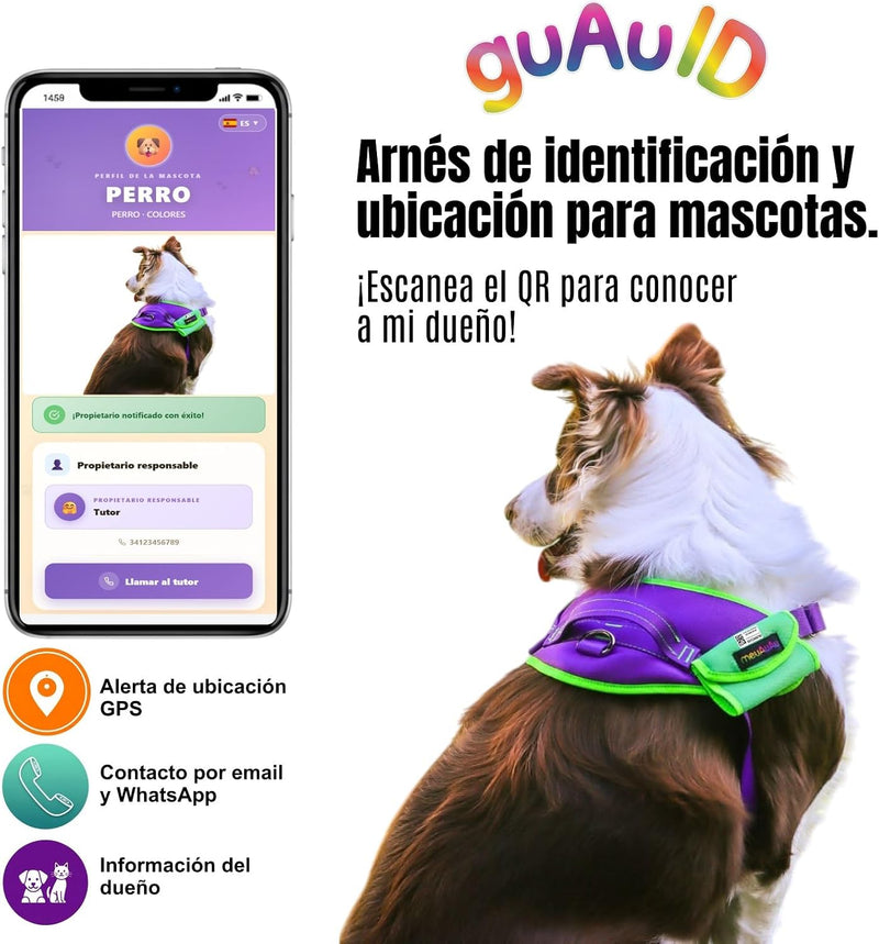 Arnés Safe meuAuAu con Localizador QR – Acolchado, Asa de Control y Portabolsas