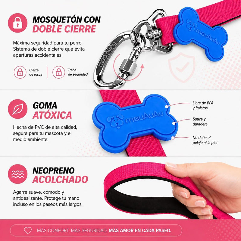 Correa Perro meuAuAu con QR – Mosquetón de Rosca y Asa Acolchada (1,20 m)