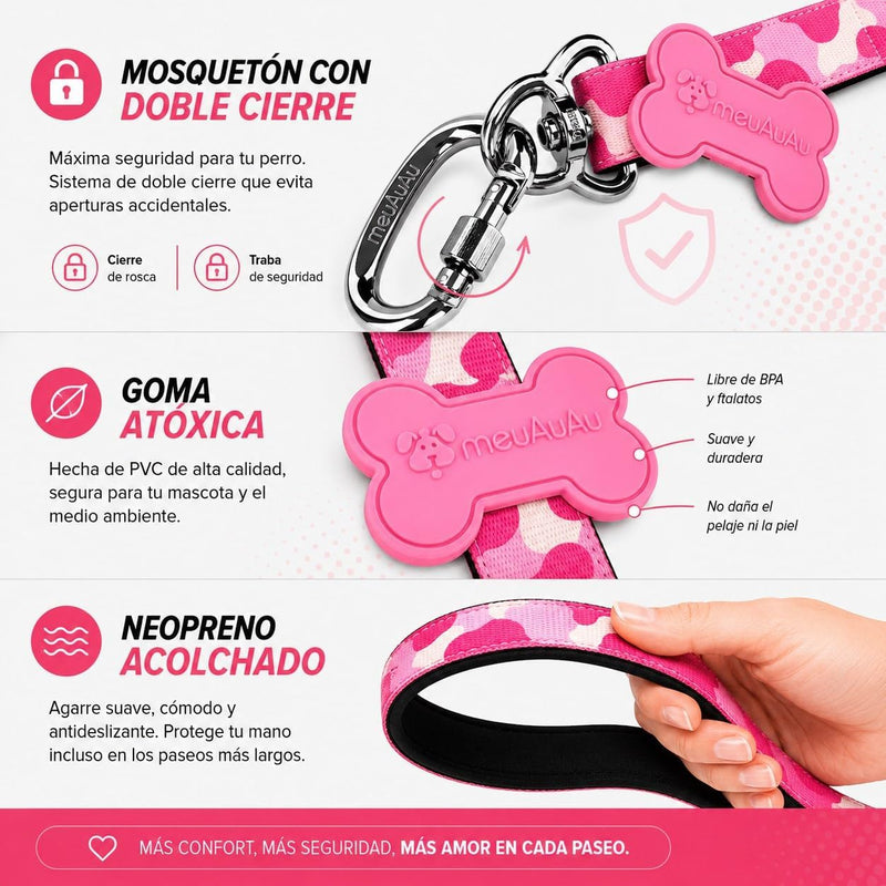 Correa Perro meuAuAu con QR – Mosquetón de Rosca y Asa Acolchada (1,20 m)